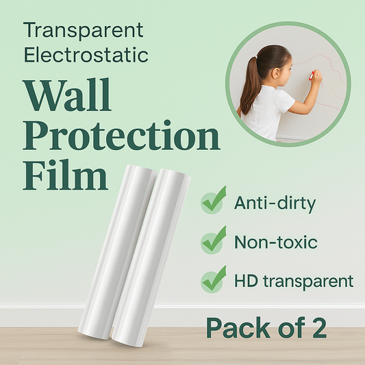 Transparent electrostatic wall protection film with a roll and a child writing on a protected wall, on a light green background.