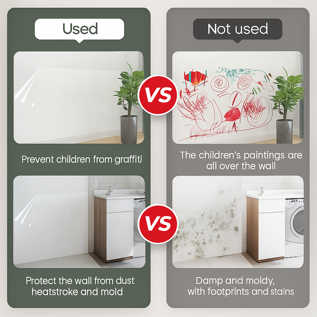 Comparison of using and not using a protective wall film for children's activities.