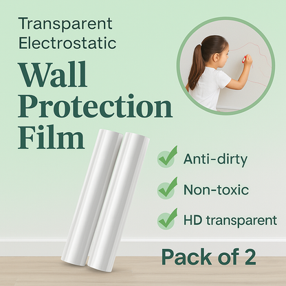 Transparent electrostatic wall protection film with a roll and a child writing on a protected wall, on a light green background.